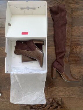 Aldo Brown Over-the-Knee Croc-Trim Heel Boots